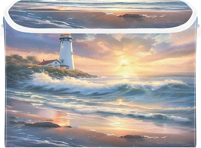 senya Large Storage Bins with Linen Collapsible Foldable Storage Cubes Fabric Closet Organizer Containers box with Flip-Top Lid for Home Bedroom Office 16.7 x 12.6 x 11.8in (Seaside Scenery)