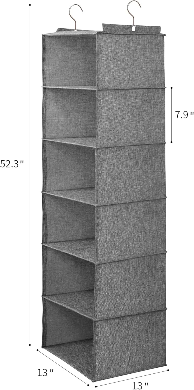 Large Hanging Sweater Organizer for Closet,Collapsible 6-Shelf Hanging Closet Shelves with Drawers, Washable (Grey-6 Shelf-1 d)