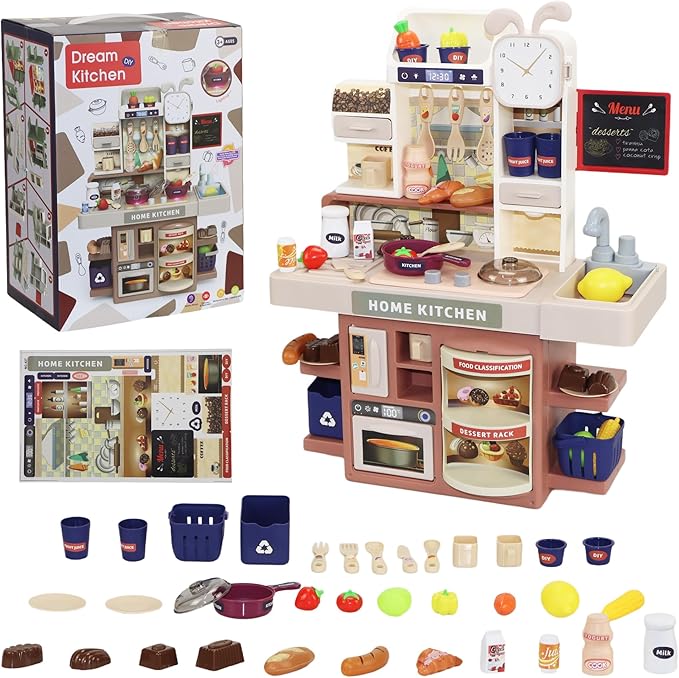 Kids Kitchen Playset, Mini Interactive Kids Kitchen Toys with 50Pcs Kitchen Accessories, Realistic Lights&Sounds, Simulation of Spray and Play Sink, Suitable for Toddlers Age 3+ Boys and Girls (Blue)