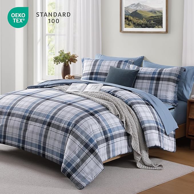 MaiRêve Twin XL Size Plaid Comforter Set Lake Blue, Classic 5 Pieces Farmhouse Bedding Set, All Season Lightweight Bed in A Bag with Sheets, Pillowcase & Sham