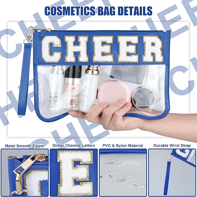 BuyCard Cheer Chenille Letter Bags Clear Makeup Bag, Cheerleader Gifts Cosmetic Bag, Varsity Preppy Patch Flat Pouch Cheer Accessories, Waterproof PVC Organizer Toiletry Bag for Women Girls Navy Blue