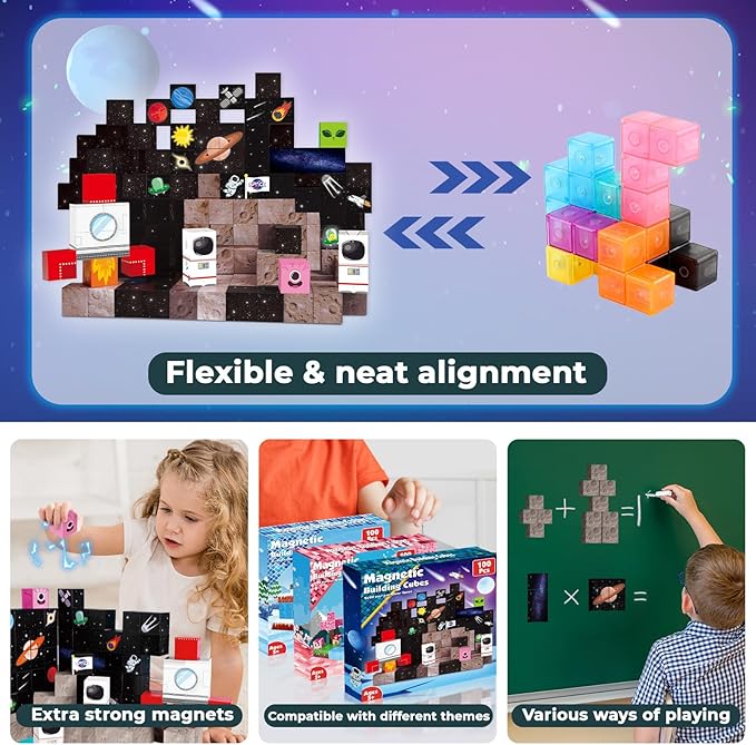 Goody King 100PCS Space Rocket Magnetic Building Blocks |Space Adventure Magnetic Tile Set, STEM Montessori Stacking Toy, Building Playsets for Boys and Girls Ages 3-10,Sensory Tile Building Christmas