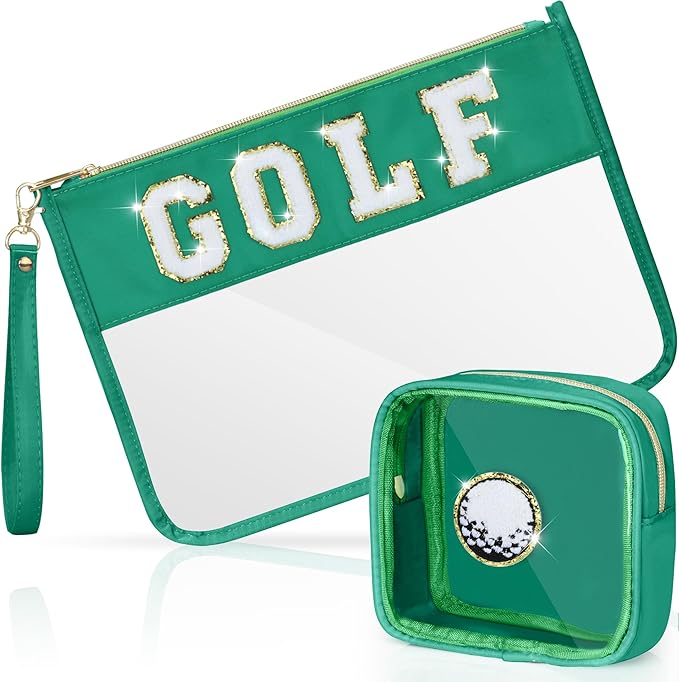 BuyCard 2 Pcs Golf Gifts Cosmetic Makeup Bag with Chenille Letter Patch, Clear Pouch PVC Organizer Purse, Waterproof Travel Bag, Portable Toiletry Storage Bag for Her Girls Friends Women