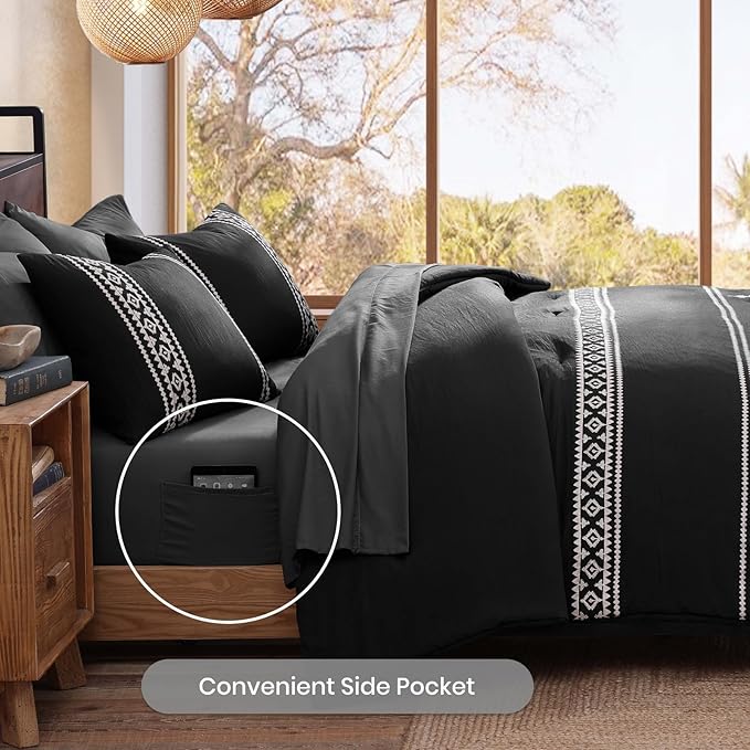 MaiRêve Embroidery Queen Size Comforter Set Black, Boho Farmhouse Western Bedding Set 7 Pieces, All Season Bed in A Bag Comforter Set with Sheets, Pillowcases & Shams