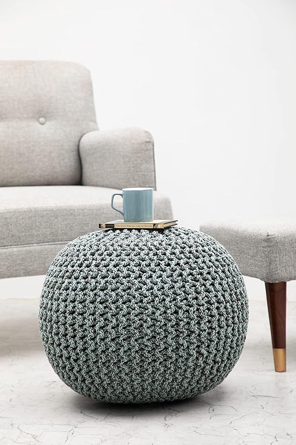 COTTON CRAFT - Hand Knitted Cable Style Tweed Dori Pouf - Spa-Chocolate - Floor Ottoman - Cotton Braid Cord - Handmade & Hand Stitched - Truly one of a Kind Seating - 20 Dia x 14 High