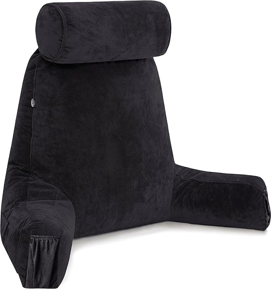 Husband Pillow Medium Black, Backrest for Kids, Teens, Petite Adults - Reading Pillows with Arms, Adjustable Loft, Plush Memory Foam, Bed Rest Chair for Sitting Up, Detach Neck Roll, Removable Cover