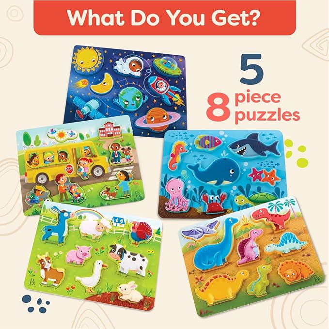 B. toys- Peek & Explore 5-Pack: Bus, Farm, Sea, Space, Dino- Chunky Puzzle 5-Pack – Wooden Puzzles– 8 Pieces Each – 2 Years +