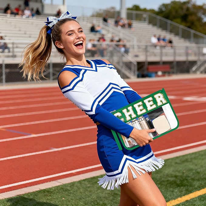 BuyCard Cheer Chenille Letter Bags Clear Makeup Bag, Cheerleader Gifts Cosmetic Bag, Varsity Preppy Patch Flat Pouch Cheer Accessories, Waterproof PVC Organizer Toiletry Bag for Women Girls Green