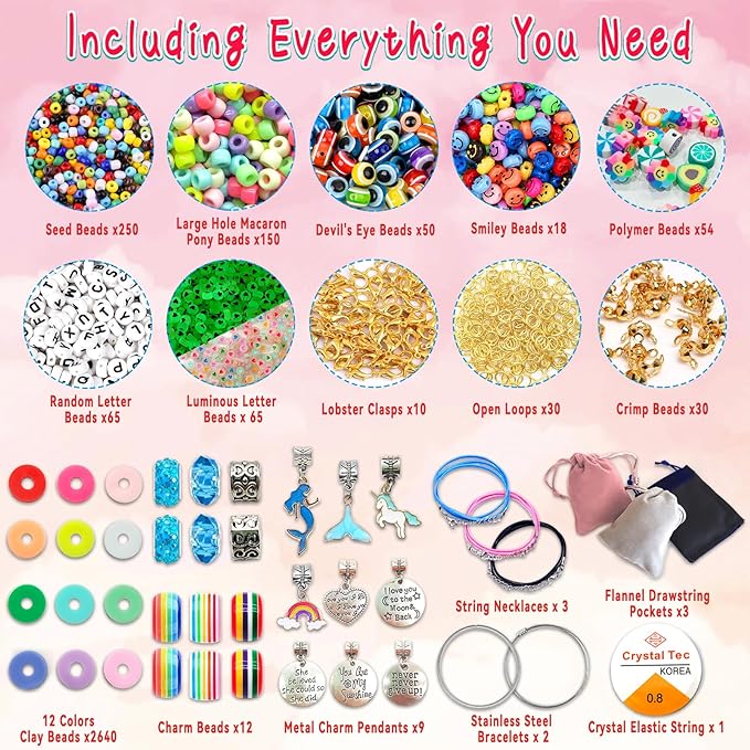leitait Girls Toys Bracelet Making Kit -3400pcs Beads for Charm Jewelry Making Kit Supplies, Unicorn/Mermaid Crafts Birthday Christmas Gifts for Girls Ages 5 6 7 8 9 10 11 12 Years Old