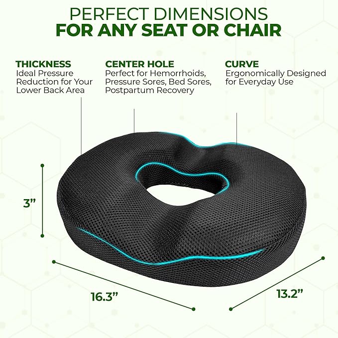 Donut Gel Sitting Pillow - Orthopedic Memory Foam for Tailbone Pain, Hemorrhoid, Bed Sores, Postpartum, Prostate, Coccyx & Sciatica Pain