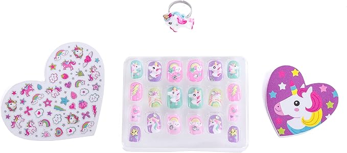 Hot Focus Unicorn Nail Art Kit - 3D Press On Nails, Stickers, File & Ring - 65 Piece Set for Girls 5+