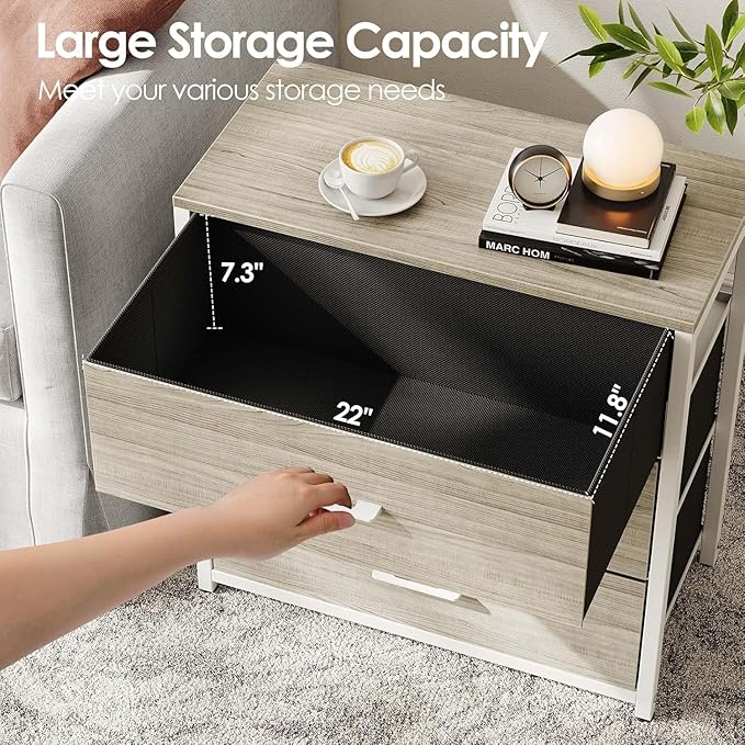 Nightstand, End Table, Bedside Table, Tall Fabric Dresser with 3 Drawer, White Drawers Small Chests of Drawers Organizer Storage Tower with Steel Frame, Wooden Top & Front for Bedroom