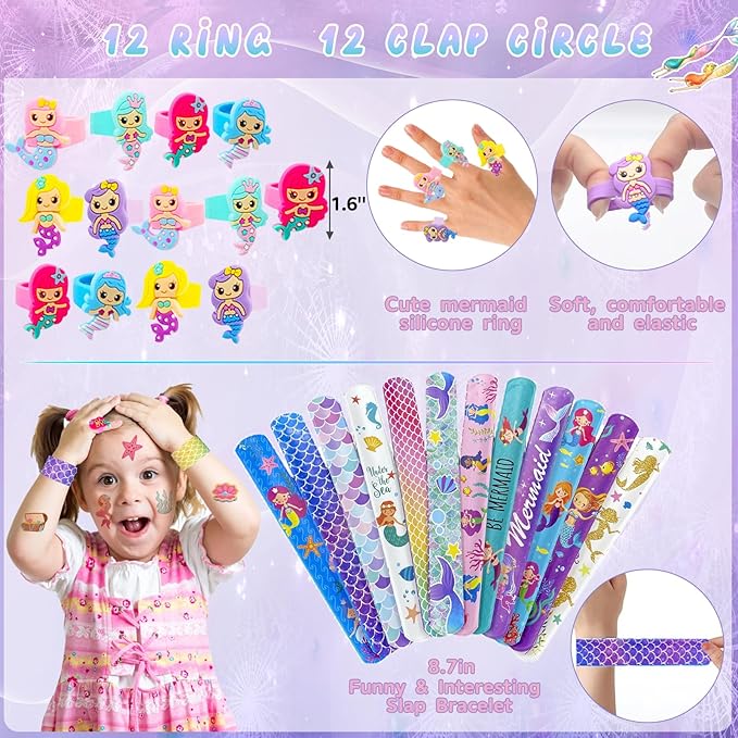 132 Pcs Mermaid Party Favors, Mermaid Birthday Party Favorsfor Kids with Mini Notebooks Pens Slap Bracelets Rings Hairpin Stampers Stickers Bags for Girls Mermaid Birthday Party Decorations Supplies