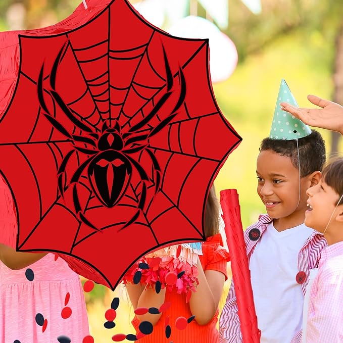 Leyndo 89 Pcs Spider Party Favors for Birthday, Includes Spider Piñata with Blindfold and Stick, 11.8"x11.8", 12 Keychains, 12 Wristbands, 12 Badges, 50 Stickers for Spider Birthday Party Decor
