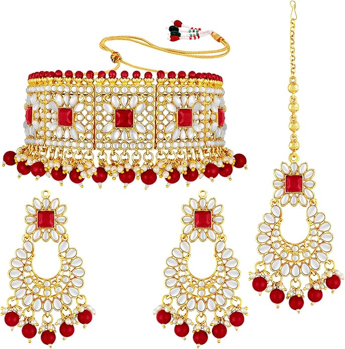 Aheli Bridal Kundan Faux Pearl Choker Necklace with Earrings Maang Tikka Gift for Women Indian Traditional Bollywood Fashion Jewelry Set