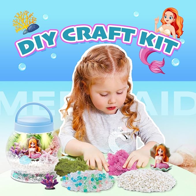 Kids Terrarium Kit, Light-Up Mermaid Toys for Girls 4-6, DIY Arts & Crafts Kits for Kids with Remote Control, Preschool Learning & Educational Science Kits, Gift Ideas for Birthday Christmas