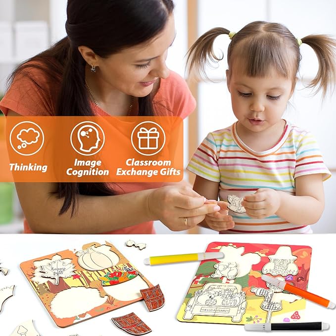 Fall Thanksgiving Wooden Puzzles for Toddlers Autumn Puzzles Coloring Craft Kits for Kids Boys Girls Montessori Toys Harvest Party Favors Treat Bag Gifts Educational Learning Jigsaw Puzzle, 3 Pack