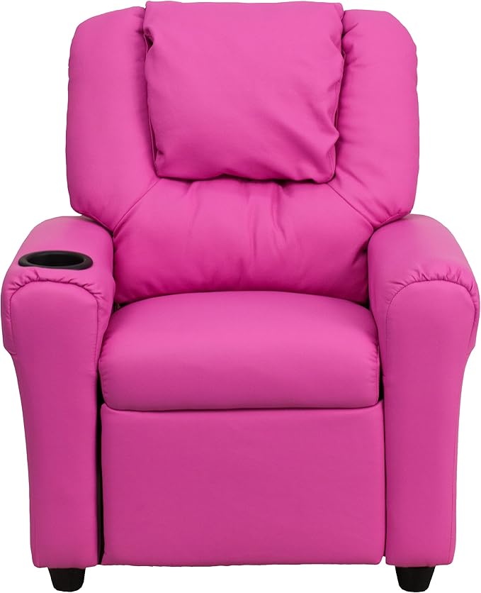 Flash Furniture Vana Vinyl Kids Recliner with Cup Holder, Headrest, and Safety Recline, Contemporary Reclining Chair for Kids, Supports up to 90 lbs., Hot Pink