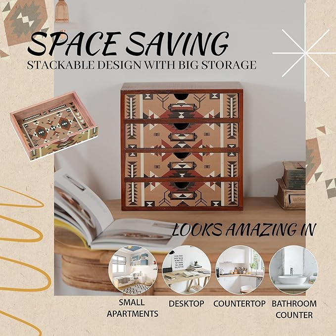 Boho Navajo Wooden Desk Organizer with Drawers – 4-Drawer Desktop Storage Box – Rustic Tribal Wood Desk Organizer for Office, Vanity, or Craft Supplies – Compact & Stylish Wooden Storage Drawers