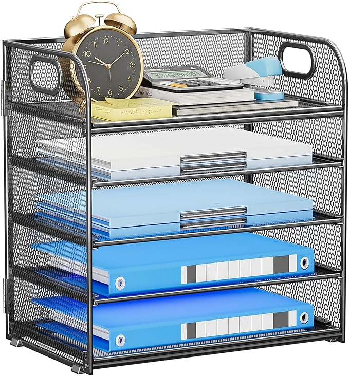 5-Tier Stackable Paper Organizer with Handle, Gray Metal Mesh Letter Tray | Modern Desk File Sorter for Office, Home & Classroom Organization
