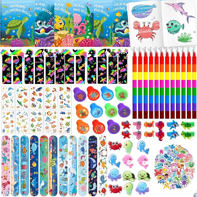 146Pcs Ocean Party Favors for Toddlers Kids 4-8 Under The Sea Animals Coloring Books with Crayons Bulk Birthday Supplies Tattoo Stickers Stamper Bracelets School Classroom Reward Gift Goodie Bags