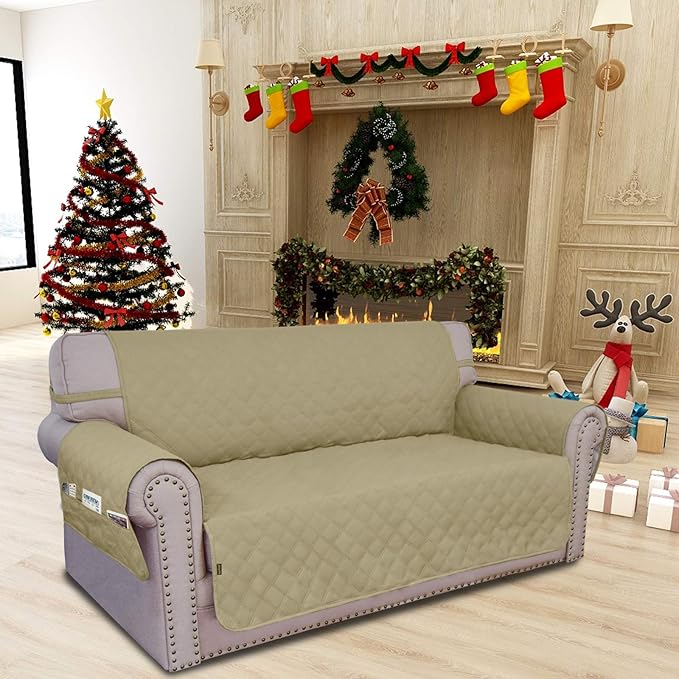 Easy-Going Sofa Slipcover Loveseat Cover Waterproof Couch Cover Washable Sofa Cover for 2 Cushion Couch Non-Slip Fabric Furniture Protector with Pocket for Pets Kids Dog Cat (Loveseat, Sand)