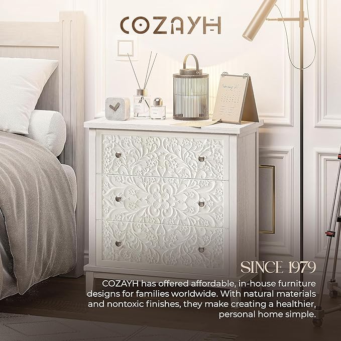 COZAYH 3-Drawer Fully-Assembled Flower Motif Dresser for French Country, Farmhouse, Modern, Rustic Style, Distressed Finish, White-Washed