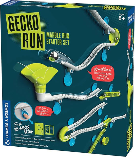 Gecko Run Marble Run Starter Set by Thames & Kosmos, Toy of The Year Finalist - 63 Piece Vertical Marble Run, Flexible Tracks | Fast, No-Mess Setup, Residue-Free Nano-Adhesive Pads, Creative Play
