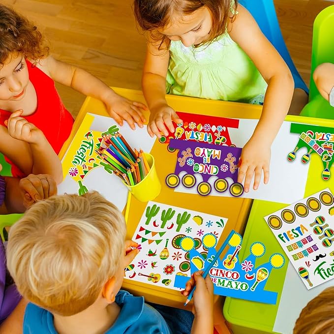 24 Packs Fiesta Cinco De Mayo Mexican Crown for Kids Fiesta Headband DIY Art Craft Cactus Taco Sticker Set Summer Craft Kits for Kindergarten Preschool Home Classroom Game Activities Party Favors