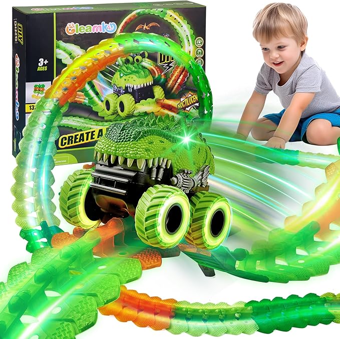 Magic Car Track Set, 154PCS Glow Race Track, Flexible Race Car Tracks, Dinosaur Train Set Glow in The Dark, Race Tracks for Kids Ages 3-8, Toddlers Birthday Gifts, for Kids