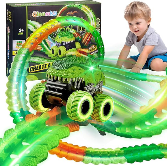 Magic Car Track Set, 154PCS Glow Race Track, Flexible Race Car Tracks, Dinosaur Train Set Glow in The Dark, Race Tracks for Kids Ages 3-8, Toddlers Birthday Gifts, for Kids