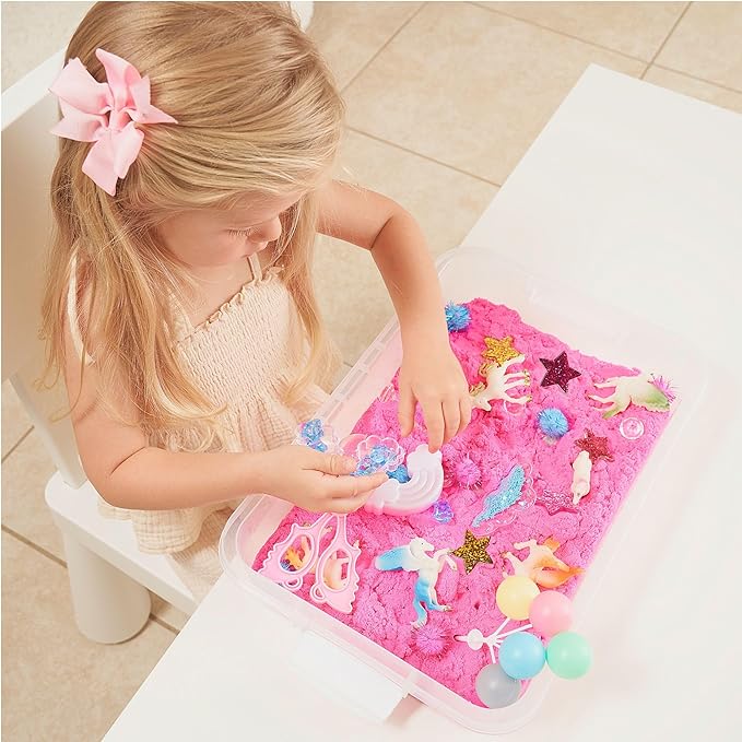 38 PCS Unicorn Sensory Sand Bin-Magic Sand, Sensory Bin for Toddlers & Sand Scooper-Count Sparkly Pom-Poms, Bring Unicorns to Life in a Magical Fairytale-Ideal Gift for Kids