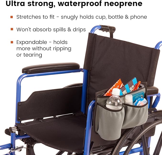 High Road Wheelchair Side Bag - Stretch Neoprene Walker Pouch with Insulating Cup Holder and 2 Storage Pockets