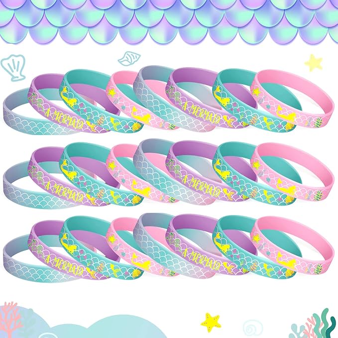 24 Pack Mermaid Silicone Wristband Mermaid Scale Bracelets I'm a Mermaid Wristband Mermaid Party Goody Bag Favors for Boys Girls Mermaid Birthday Party Under The Sea Themed Baby Shower Supplies
