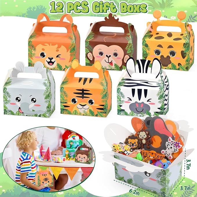 134 Jungle Safari Party Favors Animal Birthday Supplies Zoo Mask Silicone Bracelet Stamp Gift Box Bookmark DIY Sticker Keychain Kid Boy Girl Toy Gift Goodie Bag Stuffer Wild One Party Favors