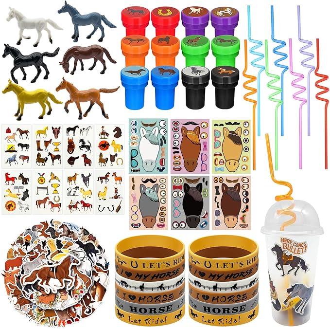 122 Pcs Horse Party Favors, Farmhouse Pony Party Supplies with Cup Straw Tattoo Sticker Goodie Bags Fillers Treat Bag Gifts Classroom Rewards for Cowboy Pinatas Western Horses Birthday Party(Horse)
