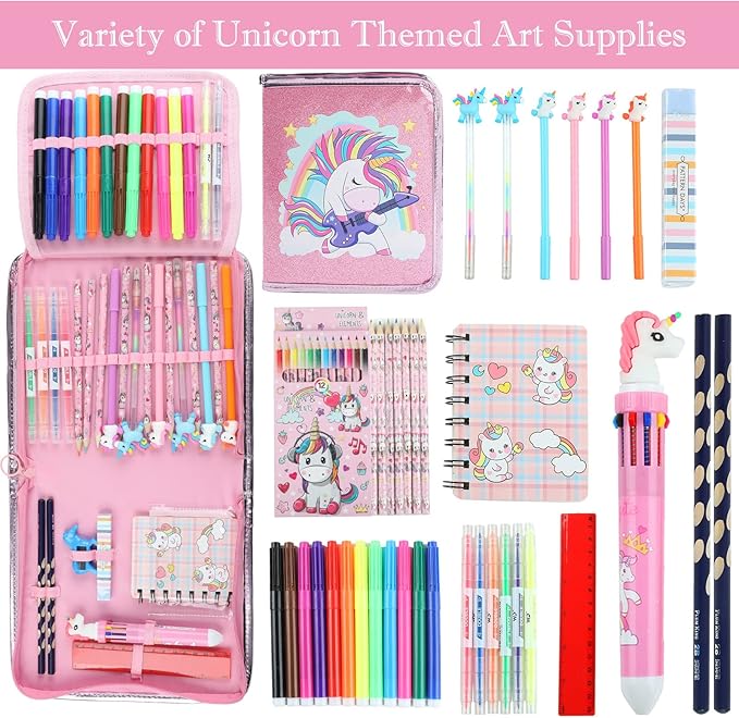 Fruit Scented Markers Set 44 Pcs Filled Stationery with Unicorn Pencil Case,Art Supplies for Kids Ages 4-6-8, Perfect Unicorn Gifts for Girls,Assortment Marker Pencil Gel Pen Coloring