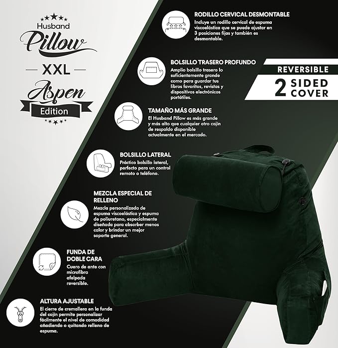 Husband Pillow XXL Aspen Edition, Adult Reading Sit Up Bed Rest Pillow for Bed with Arms & Neck Roll on Bungee Cord - Premium Memory Foam, Reversible 2 Sided Cover Micro Suede or Plush, Ramona Green