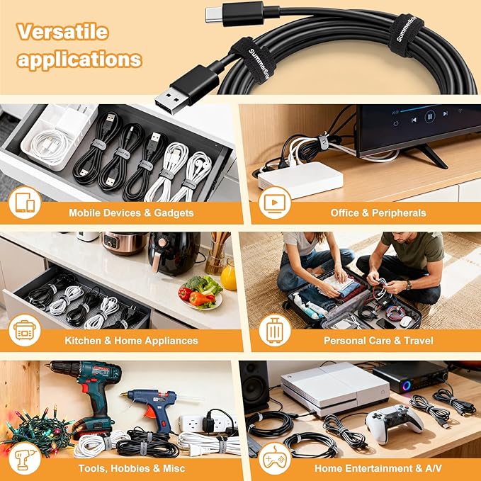 SummerBrite 70 Pack Black Cable Ties 8 Inch with Writable Labels, Reusable Cord Organizer Straps, Hook & Loop Wire Management for Extension Cords, Garage Tools, Power Strips & Heavy Duty