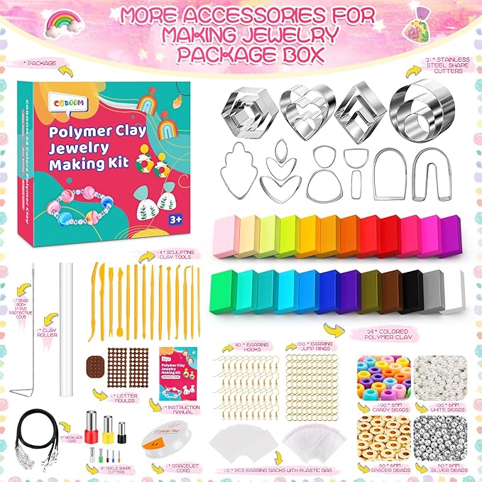 CGBOOM 527Pcs Polymer Clay Earring Making Kits, 3 in 1 Clay Kit Earring and Bracelet Making Kit, Polymer Clay kit for Adults Teens Girls