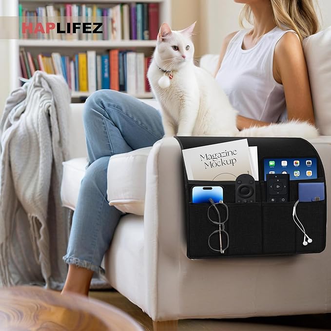 Remote Holder for Recliner Armchair & Couch, Non Slip Sofa Armrest Organizer Caddy with 6 Pockets Thick Linen Fabric Storage for Tablet, Phone, 19x35 Inches, Black