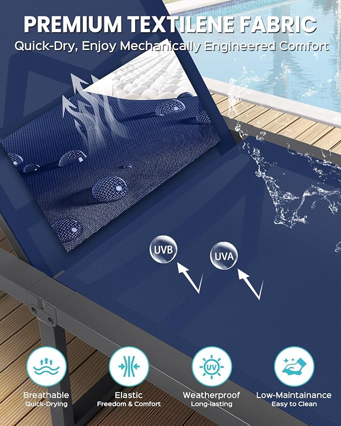 Aluminum Chaise Lounge Outdoor Set of 2, Foldable & Assembly Free Patio Pool Lounge Chairs 5-Position Recliner for Outside Poolside, Fully Grounded Legs Sun Lounger for Beach, Yard, Navy Blue