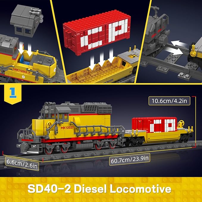 Mould King 12027 Diesel Locomotive Train Building Sets with a Semi-Trailers, Cranes, Remote/App Control Engineering Toy Kit, SD40-2 Scale Model with Tracks for Adults Kids (1170 Pieces)