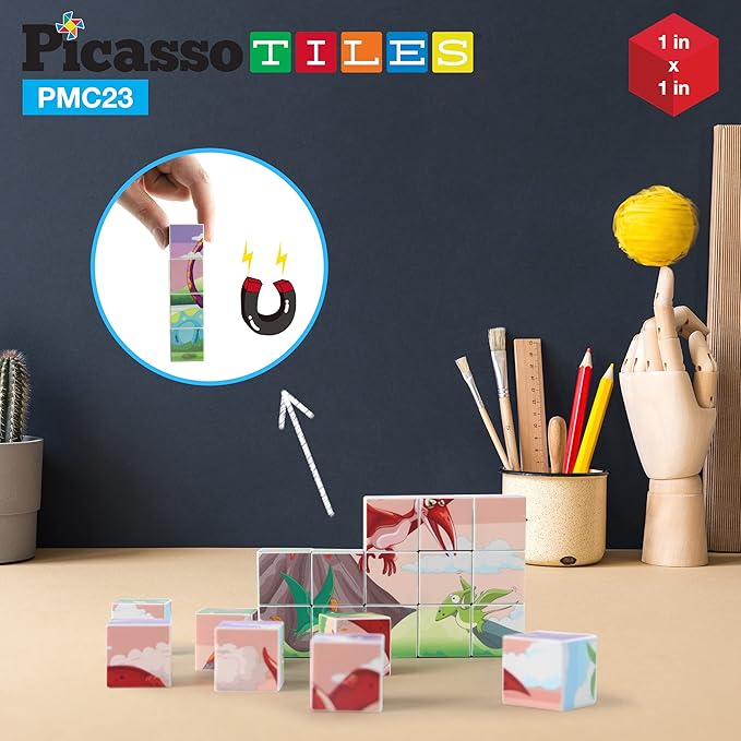 PicassoTiles Magnetic Cube Puzzle 6-in-1 Dinosaur Theme Pattern Magnet Brain Teaser Building Cubes 120 Pictures Toy Set Kids Ages 3 & Up Preschool Children Promote Problem Solving Skills PMC23