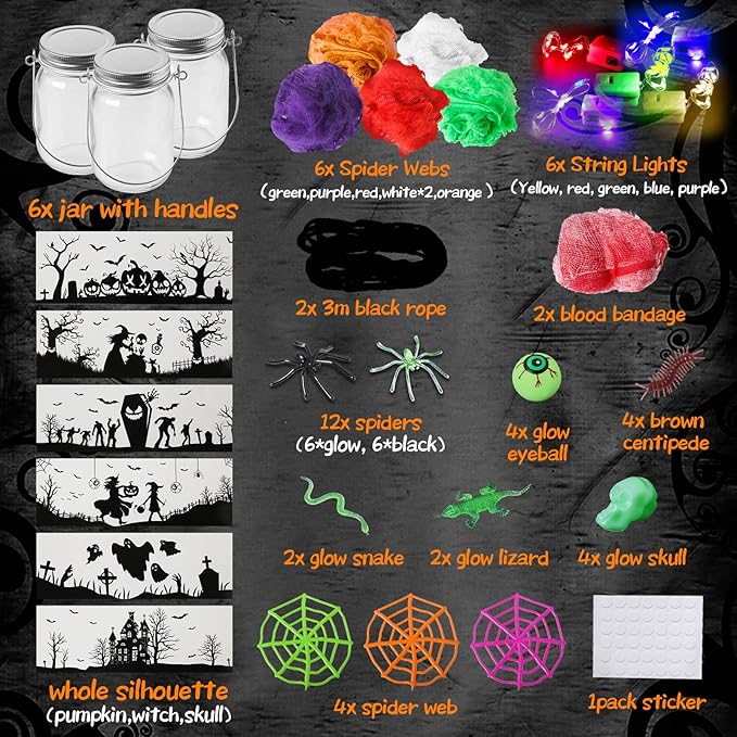 Halloween Crafts Activities For Kids Ages 4-12,6 Pack Glass Mason Jar for School Halloween Art Activities,Halloween Craft Supplies,DIY Lantern Jar for Gifts Halloween Party Favors,Classroom Prizes