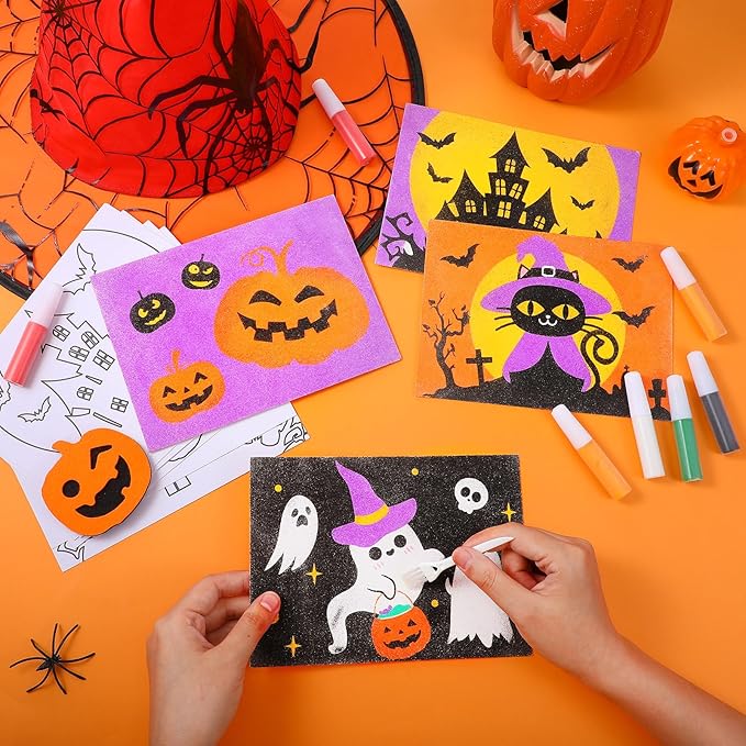 30 Sets Halloween Sand Art Kits for Kids DIY Halloween Craft Pumpkin Witch Sand Painting Colored Sand Art Painting Cards Set for Children DIY Arts Halloween Theme Party Painting Activity