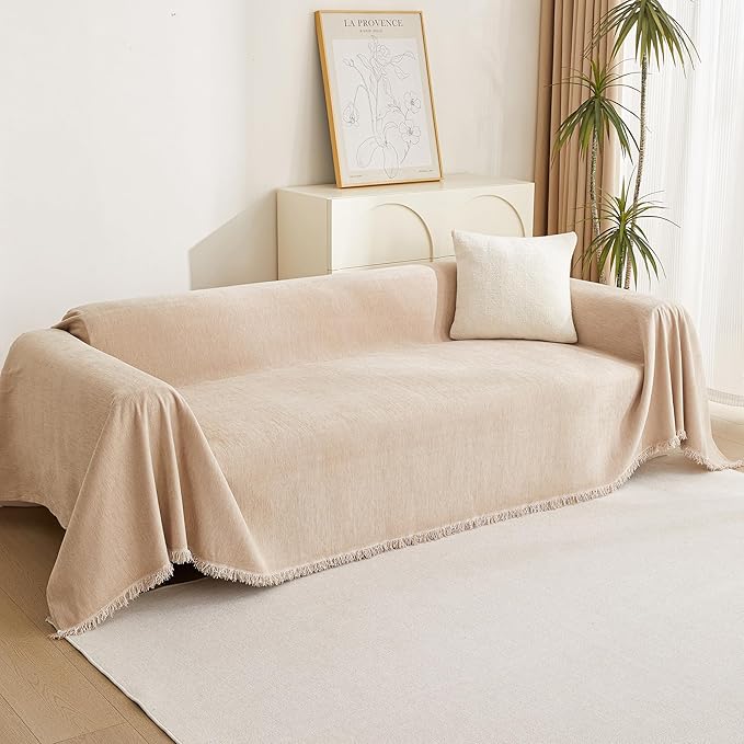 MYSKY HOME Sofa Covers for Futon Couch Cushion Cover with Tassel Edge Khaki Couch Covers Thick Soft for Cats Vintage Sofa Seat Covers Couch Cover for Dogs Universal Furniture Protector, 71"x 102"