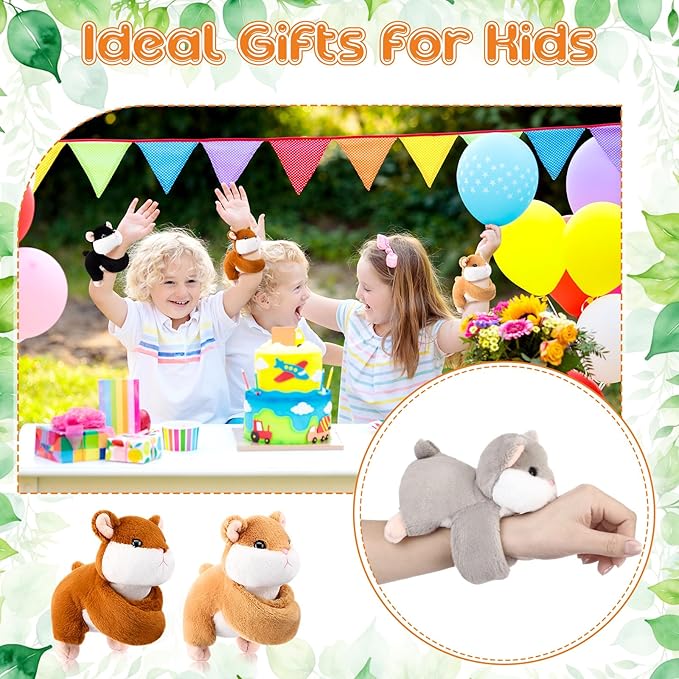 HyDren 4 Pcs Stuffed Animal Slap Bracelets for Kids,8 Inch Plush Snow Leopard Hamster Hugger Slap Bracelets Bulk Toy Hug Snap Wristbands for Girls Boys Birthday Gifts Party Favors (Hamster)