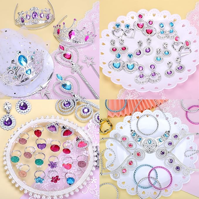 56 Pack Princess Jewelry for Girls Princess Dress Up Accessories Kids Play Jewelry for Girls Included Crown Wand Necklace Bracelet Rings Earrings Great as Princess Party Decoration