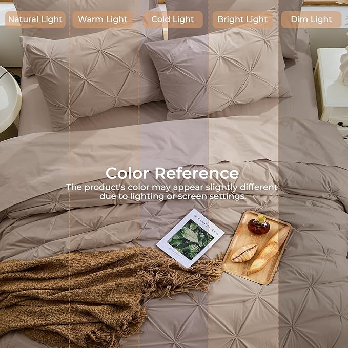 Sasttie Queen Comforter Set, 7-Piece Bed in a Bag, Pintuck Bedding Sets for All Season, Includes Comforter, Flat Sheet, Fitted Sheet, Pillowcases and Pillowshams, Dark Linen